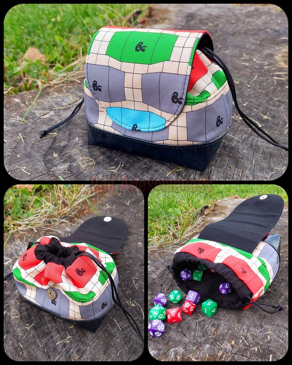 Drawstring Dice Bag with Magnetic Flap DM Dungeon Master Screen Black Vinyl